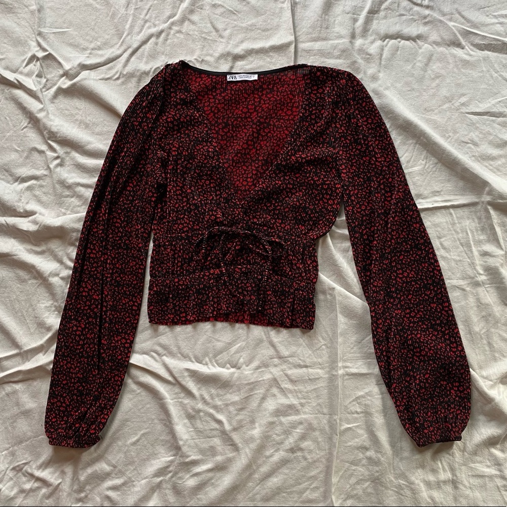 ZARA puff sleeve long sleeve satin accordion blouse